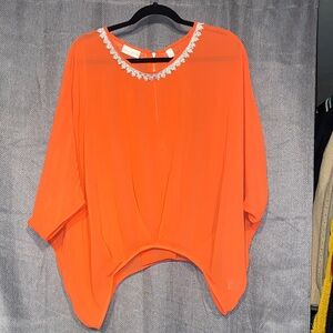 Bisou Bisou Vibrant Orange Blouse with Lace Detail
